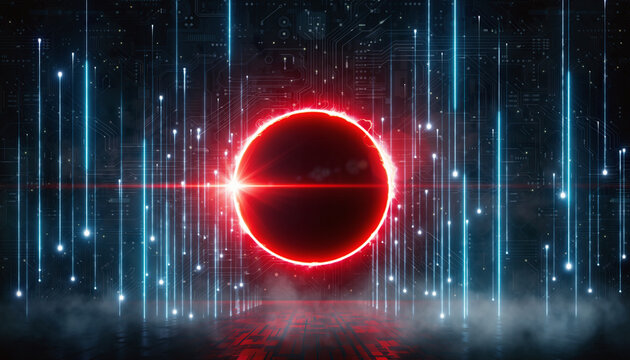 Abstract red background with glowing light spheres, digital illustration of a dark space planet or star explosion design