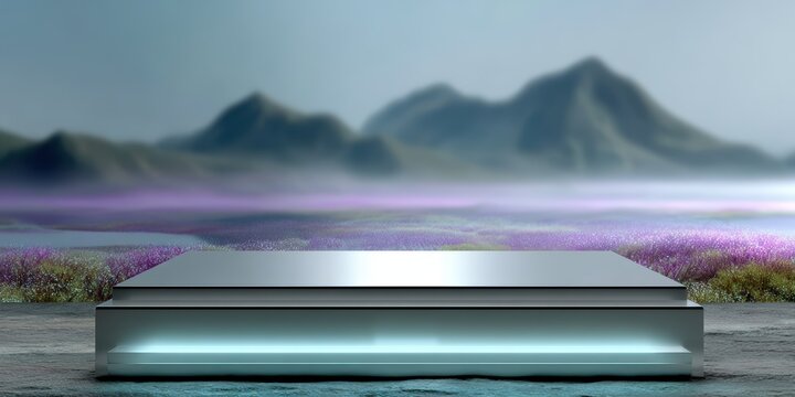 futuristic sci-fi event design, a futuristic, sci-fi themed backdrop and podium design by a top-rated designer it features a holographic alien mountain range and a sleek metallic podium with