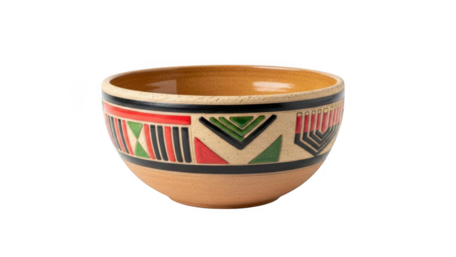 Colorful geometric patterned ceramic bowl isolated on transparent background