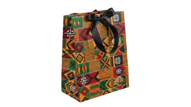 African print gift bag with ribbon isolated on transparent background