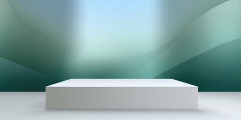 mountain-inspired design, highly-rated designers modern, minimalist backdrop and podium template features a gradient from forest green to sky blue the white, geometric podium has an empty surface