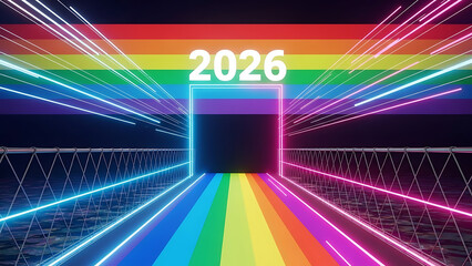 A rainbow bridge leading to a dark portal with the year two thousand and twenty six above it silhouette