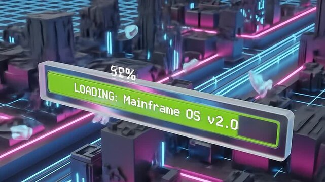 Futuristic Mainframe OS Loading Screen Technology Background Data Processing Update Progress Bar Cyberpunk City Environment 3D Render