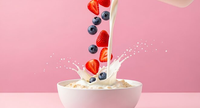 Dynamic high-speed shot of milk pouring and fresh strawberries and blueberries falling into a bowl of cereal or oatmeal. - Powered by Adobe