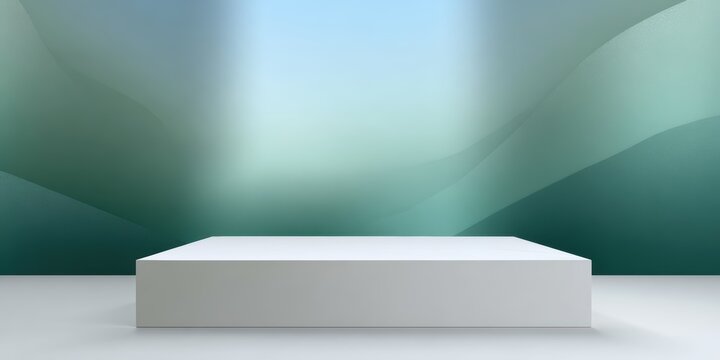 mountain-inspired design, highly-rated designers modern, minimalist backdrop and podium template features a gradient from forest green to sky blue the white, geometric podium has an empty surface
