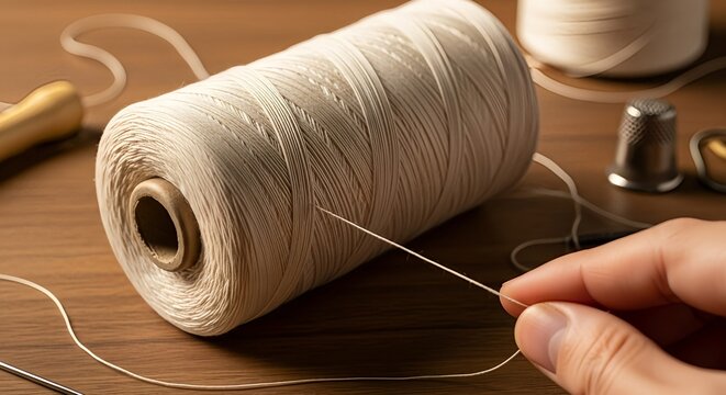 Close-up of a hand gently holding a thread pulled from a large spool of thick, off-white thread, surrounded by leather crafting tools, conveying sewing, craft, and manual precision. - Powered by Adobe