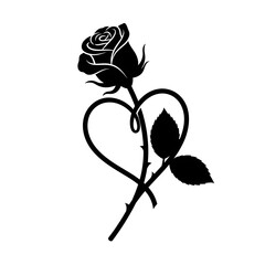 Black silhouette rose intertwined with a heart shape