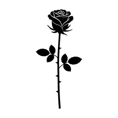 Single black rose silhouette with thorns and leaves