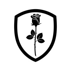 Black and white shield emblem featuring a single rose