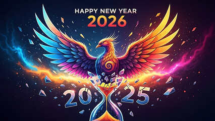 A colorful phoenix rising above broken hourglass with happy new year and year numbers in the background silhouette