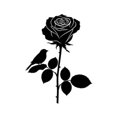 Silhouette of a rose and a small bird on a white background