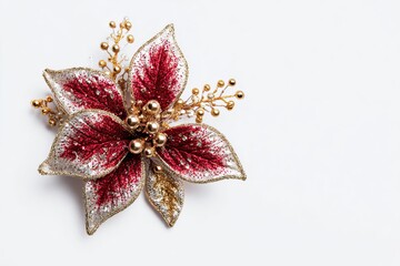 Red and gold poinsettia Christmas decoration on white background