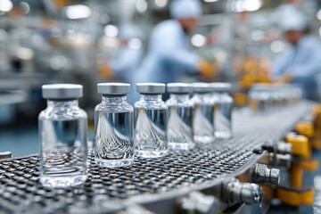 Bottles of liquid vaccines moving along a manufacturing conveyor belt in a clean facility