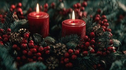 Christmas wreath with candles and red berries,