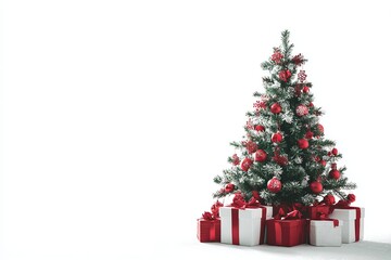 Christmas tree arrangement with red decorations and white background