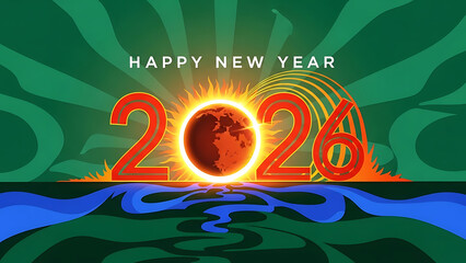Happy new year graphic with the year twenty twenty six and a sun over water design element silhouette