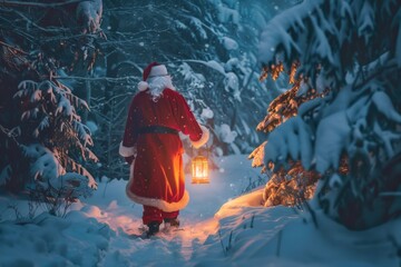 Santa claus walking through snowy forest with lantern