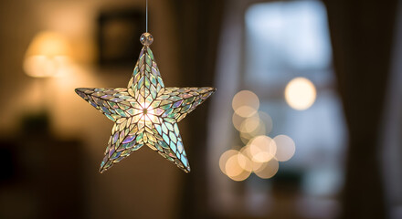 Decorative star-shaped lamp hanging with warm bokeh background  