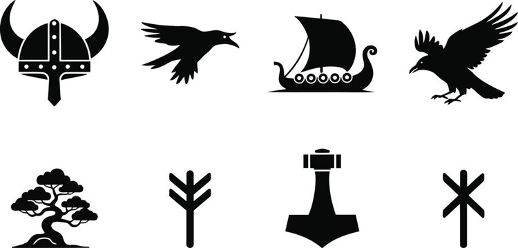 Viking symbol collection black silhouettes on white background