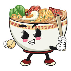 cute ramen noodle bowl mascot playing baseball ready to hit the ball with the bat, kawaii asian food cartoon vector illustration, work of hand drawn