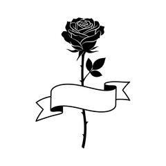 Black rose with blank ribbon banner illustration