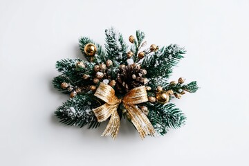 Elegant Christmas arrangement with frosted pine branches and gold bow