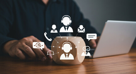 Customer service representative with headset in modern office setting with digital communication icons in soft blue lighting for corporate use