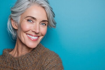 Smiling older woman with gray hair poses against a bright blue background, showcasing warmth and confidence in a cozy sweater