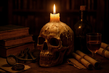 Skull and candle and books