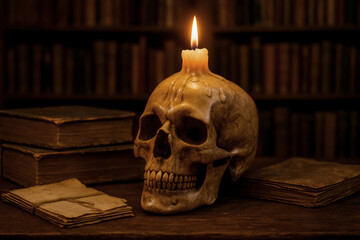 Skull and candle and books