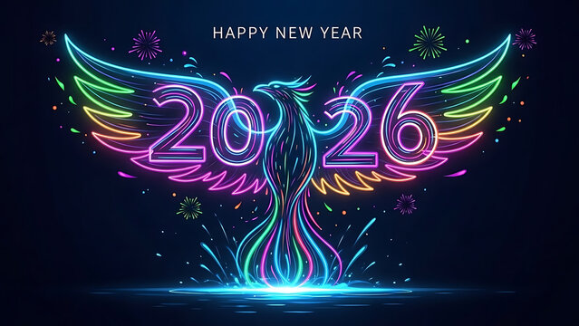 Neon phoenix with year twenty twenty six and happy new year text on a dark blue background design silhouette