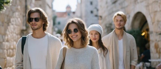 Obraz premium Urban Stroll: A group of friends enjoying a walk through the historic, stone-lined streets. A blend of joy, friendship and urban exploration. 
