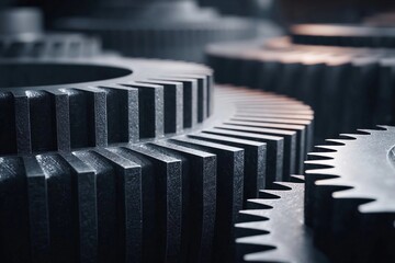 Large industrial gears with a detailed structure showcasing strong texture in a dimly lit workshop environment