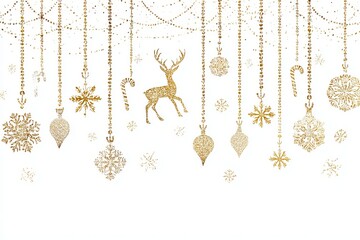 Golden Christmas reindeer and ornaments arranged in a festive vertical layout