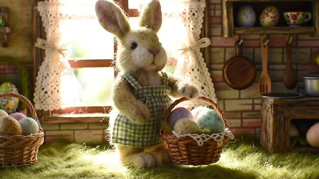 Needle-felted miniature scene of a fluffy tan bunny in a gingham apron carrying a tiny wicker basket full of fresh felted eggs, soft wool fibers 4k animation