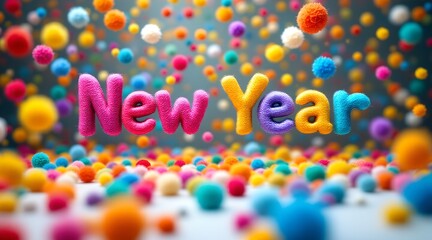 Fluffy "New Year" text surrounded by colorful floating pom-poms on a festive background for celebration concept and holiday greetings