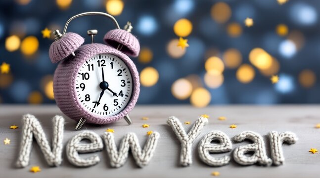 Knitted alarm clock near 'New Year' text on a table with warm golden bokeh lights, symbolizing a festive holiday countdown concept and fresh beginnings - Powered by Adobe