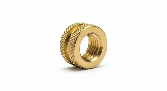 Close-up of a brass threaded insert on a white background.