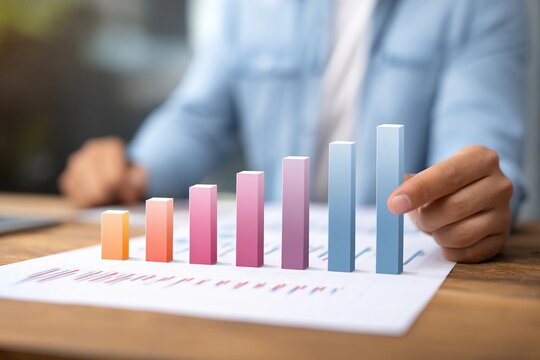 Business professional analyzing growth data with colorful bar charts on paper in an office setting