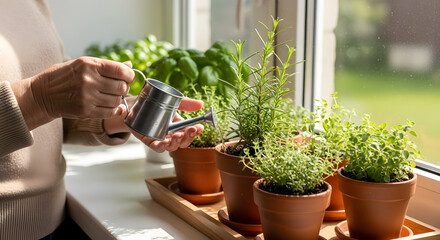 An elderly woman waters potted herbs and flowers on a windowsill in bright sunlight