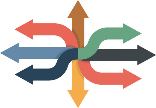 Colorful arrows diverging converging direction strategy options concept art