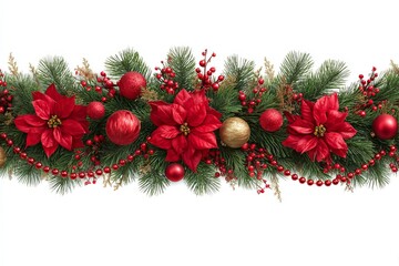 Christmas garland decorated with red poinsettias and festive ornaments