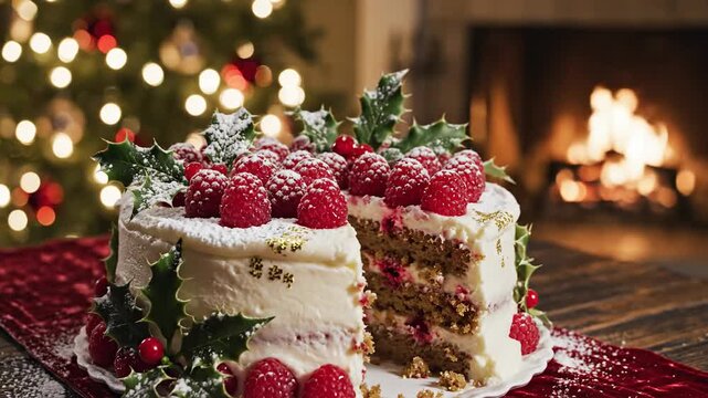 Festive layer cake with berries and icing by warm fireplace and christmas tree