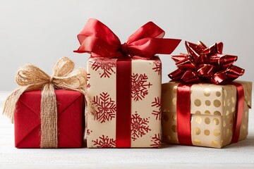 Elegant Christmas gift boxes wrapped in red and gold festive ribbons / Beautiful Christmas gifts arranged 