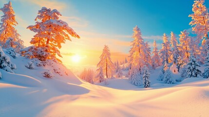 A snowy landscape with trees covered in snow at sunset