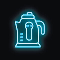 Obraz premium Blue neon icon of an electric kettle glowing on a black background