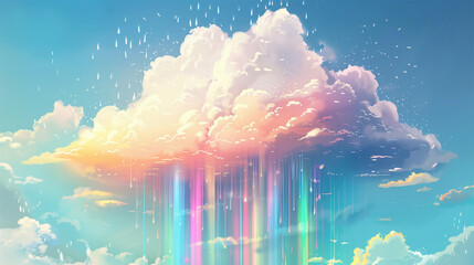 A large white cloud floats in the sky, with a rainbow stretching down from it toward the ground.