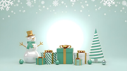 Cute 3D Render Snowman with Gold Hat Gift Boxes and Christmas Tree in Green and White Color Scheme Winter Holiday Background