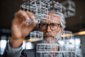 Business professional analyzing 3D models in a modern office environment during the daytime