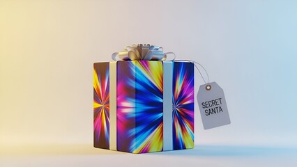 Colorful gift box with tag reading Secret Santa on soft background  